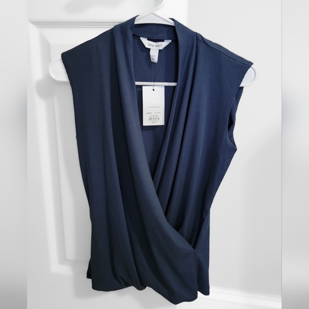 Nine West Blue Ribbed Sleeveless Wrap Top Size XS